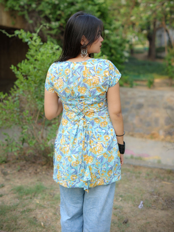 Cloud Flower Pastel Handblock Short Kurti for Women