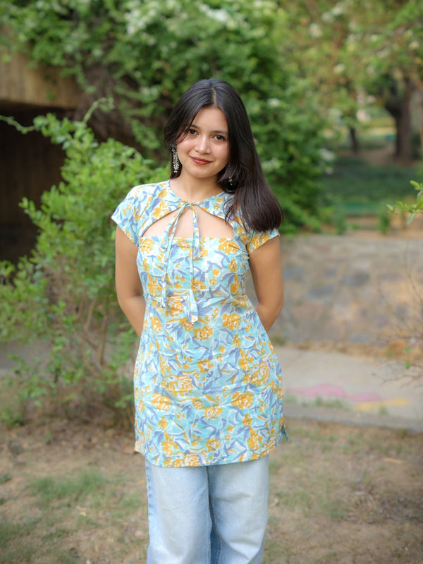Cloud Flower Pastel Handblock Short Kurti for Women