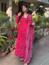 Pink Bandhej Cotton Anarkali 3 Piece Suit Set with Dupatta