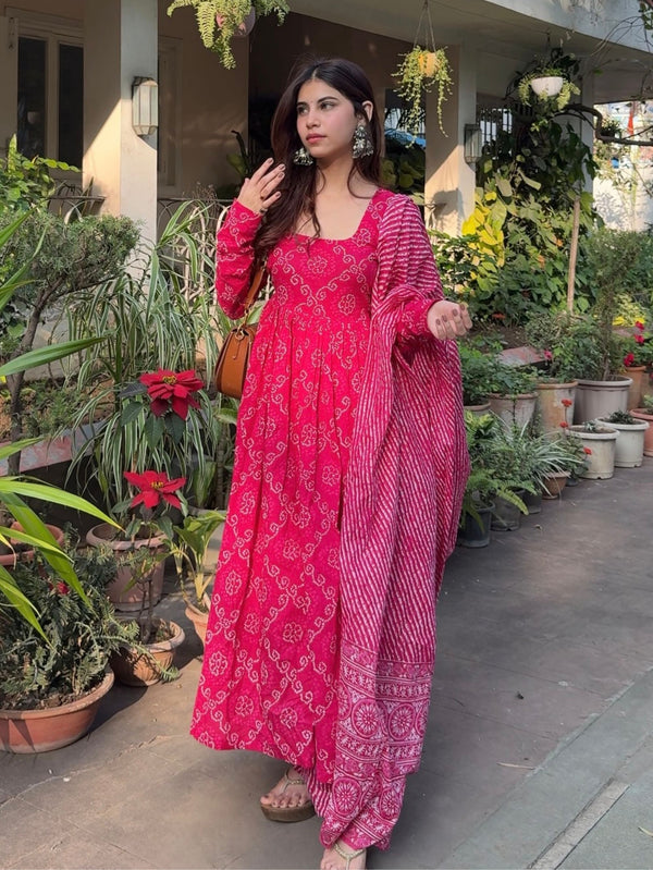 Pink Bandhej Cotton Anarkali 3 Piece Suit Set with Dupatta