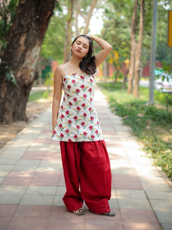 Flora Rahi White & Red Farshi Salwar Set with Handblock Kurta