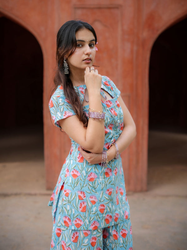 Blue Bella Cotton Handblock Two Piece Palazzo Set for Women