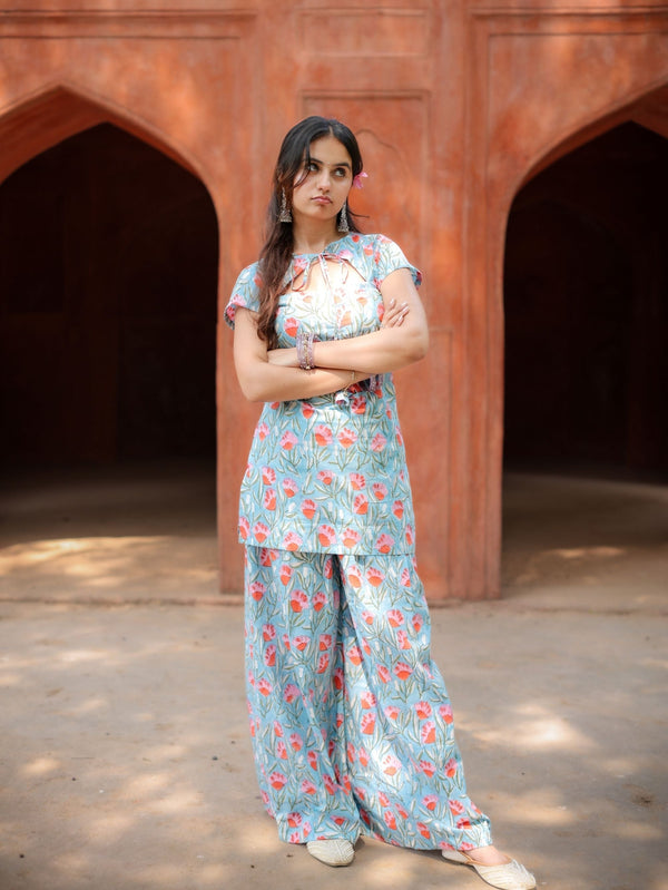 Blue Bella Cotton Handblock Two Piece Palazzo Set for Women