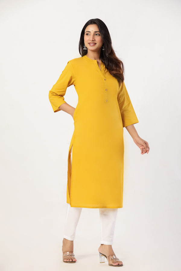 Women's Yellow Solid Straight Long Kurti