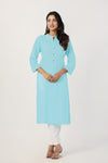 Women's Sky Blue Solid Straight Long Kurti