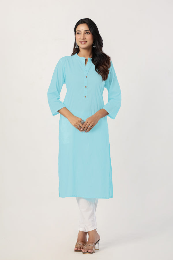 Women's Sky Blue Solid Straight Long Kurti