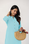 Women's Sky Blue Solid Straight Long Kurti