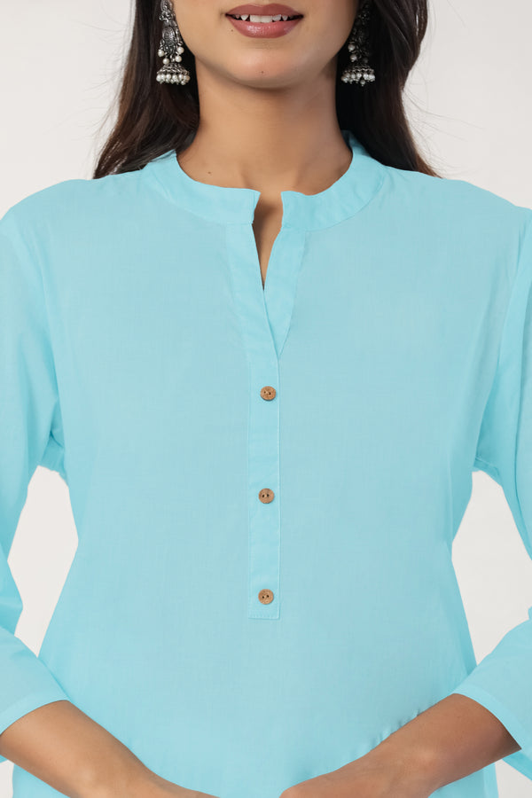 Women's Sky Blue Solid Straight Long Kurti