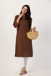 Women's Brown Solid Straight Long Kurti