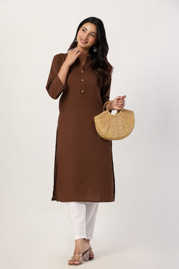 Women's Brown Solid Straight Long Kurti