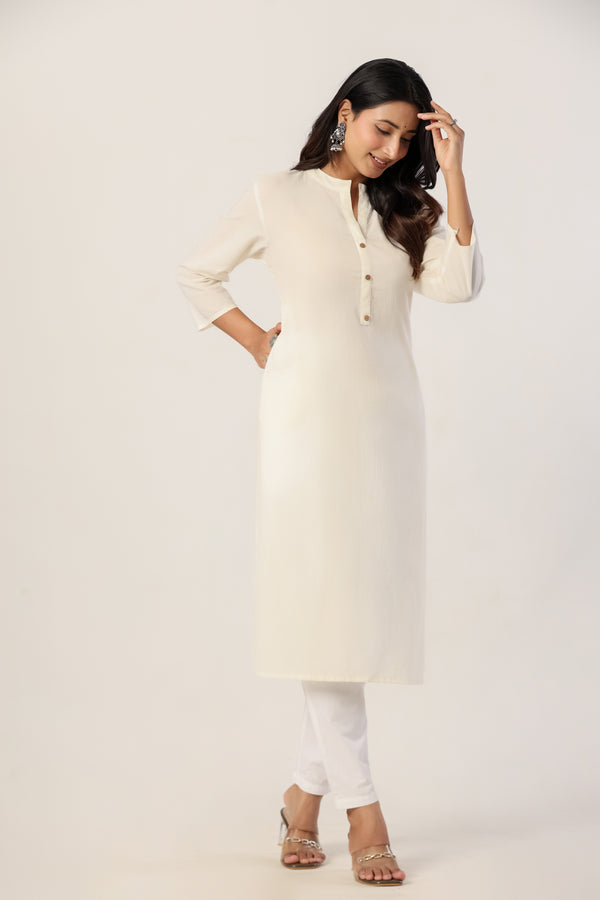 Women's Ivory Solid Straight Long Kurti