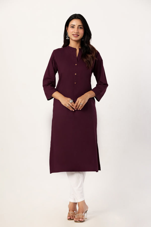 Women's Wine Solid Straight Long Kurti
