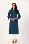 Women's Teal Blue Solid Straight Long Kurti