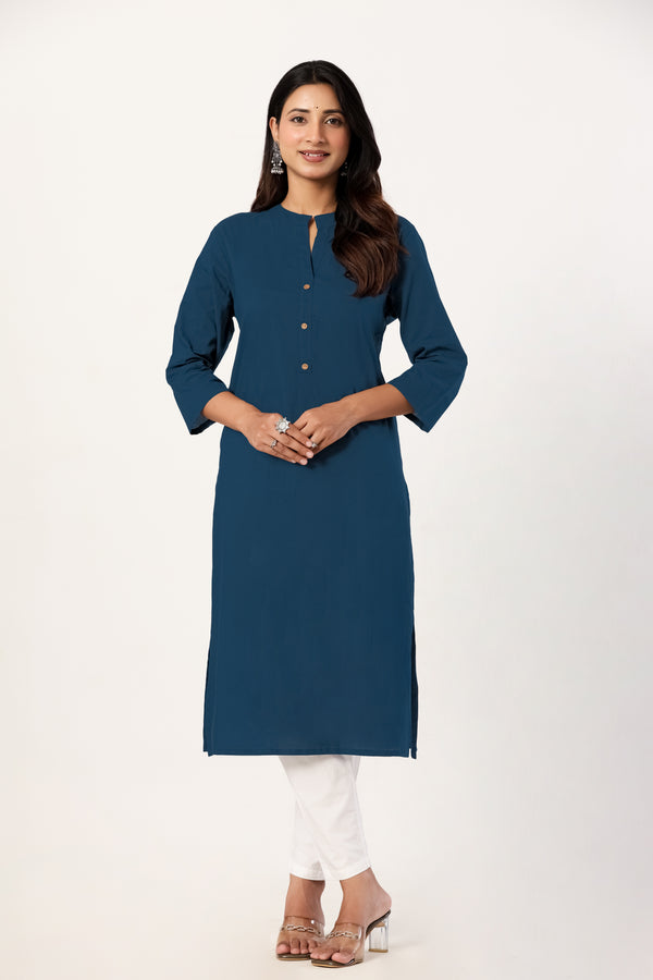 Women's Teal Blue Solid Straight Long Kurti