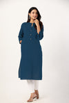 Women's Teal Blue Solid Straight Long Kurti