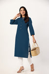 Women's Teal Blue Solid Straight Long Kurti