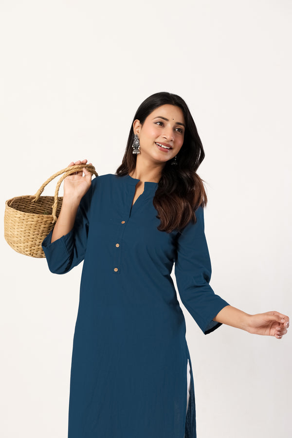 Women's Teal Blue Solid Straight Long Kurti