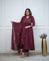 Women's Wine Floral Detail Anarkali Suit Set with Dupatta