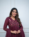 Women's Wine Floral Detail Anarkali Suit Set with Dupatta