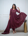 Women's Wine Floral Detail Anarkali Suit Set with Dupatta