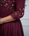 Women's Wine Floral Detail Anarkali Suit Set with Dupatta