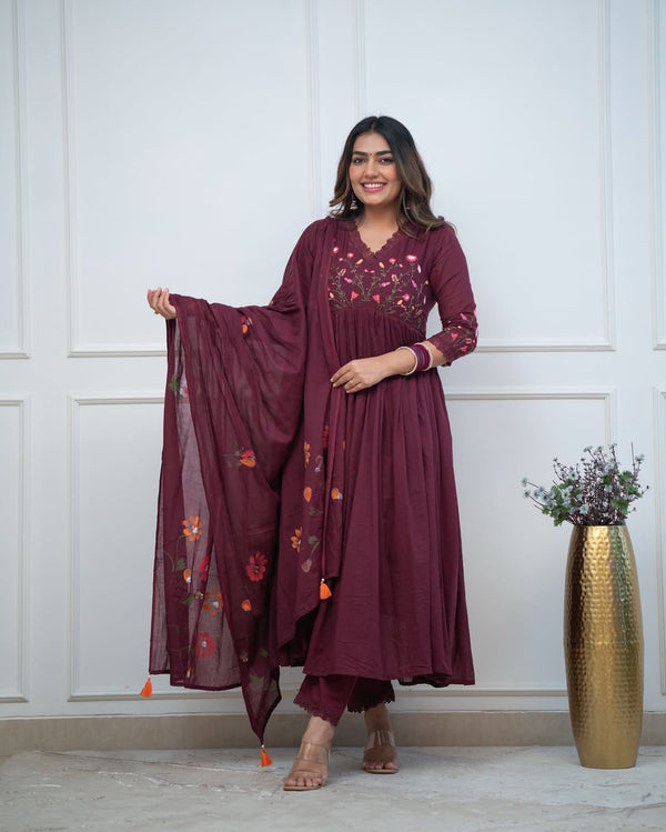 Women's Wine Floral Detail Anarkali Suit Set with Dupatta