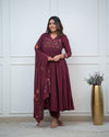 Women's Wine Floral Detail Anarkali Suit Set with Dupatta
