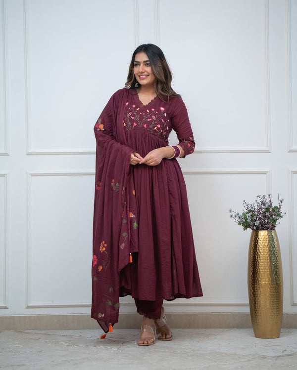 Women's Wine Floral Detail Anarkali Suit Set with Dupatta