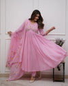 Women's Pink Floral Detail Anarkali Suit Set with Dupatta