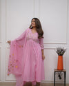 Women's Pink Floral Detail Anarkali Suit Set with Dupatta