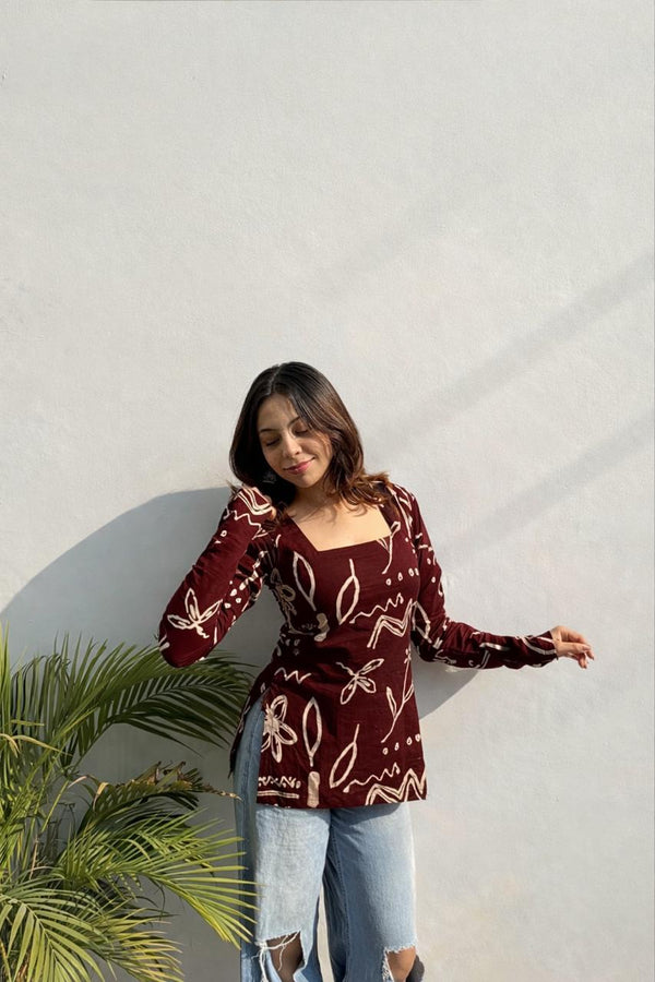 Maroon Abstract Printed Square Neck Short Kurti