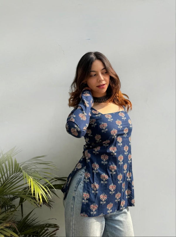 Navy Blue Floral Print Full-Sleeve Ethnic Tunic