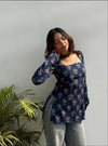 Navy Blue Floral Print Full-Sleeve Ethnic Tunic