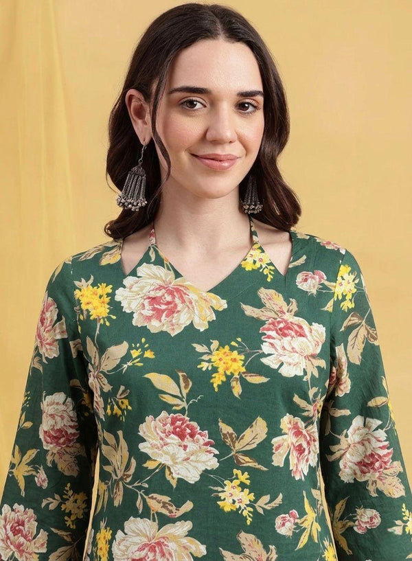 Emerald Blossom Cold-Shoulder Kurti