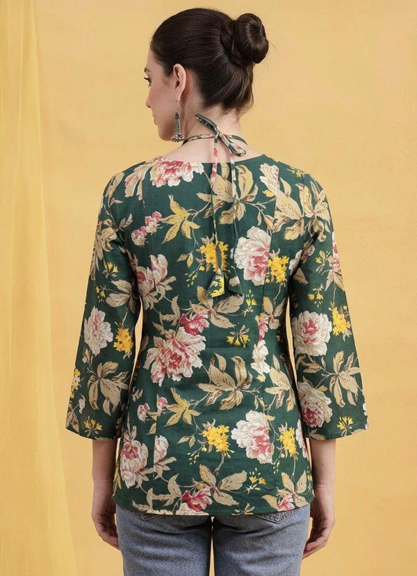 Emerald Blossom Cold-Shoulder Kurti