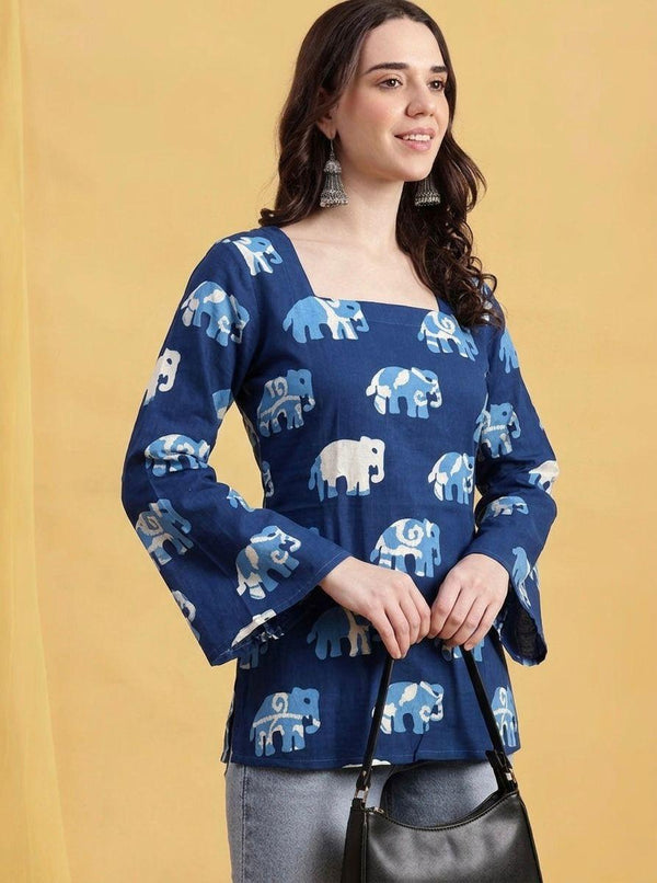 Navy Blue Elephant Print Square Neck Short Kurti