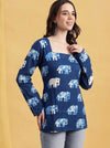 Navy Blue Elephant Print Square Neck Short Kurti