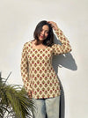 Cream Red Floral Booti Square Neck Short Kurti