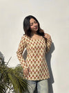 Cream Red Floral Booti Square Neck Short Kurti
