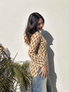 Cream Red Floral Booti Square Neck Short Kurti