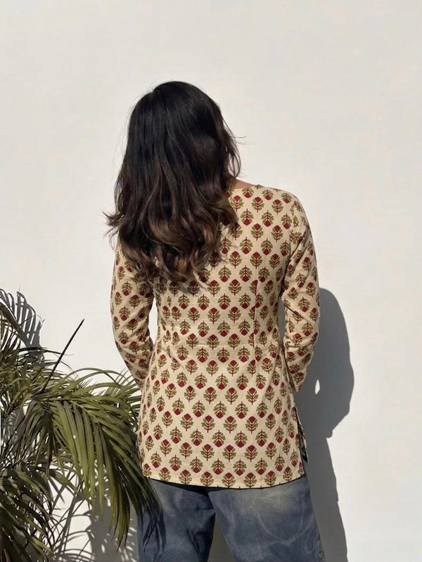 Cream Red Floral Booti Square Neck Short Kurti