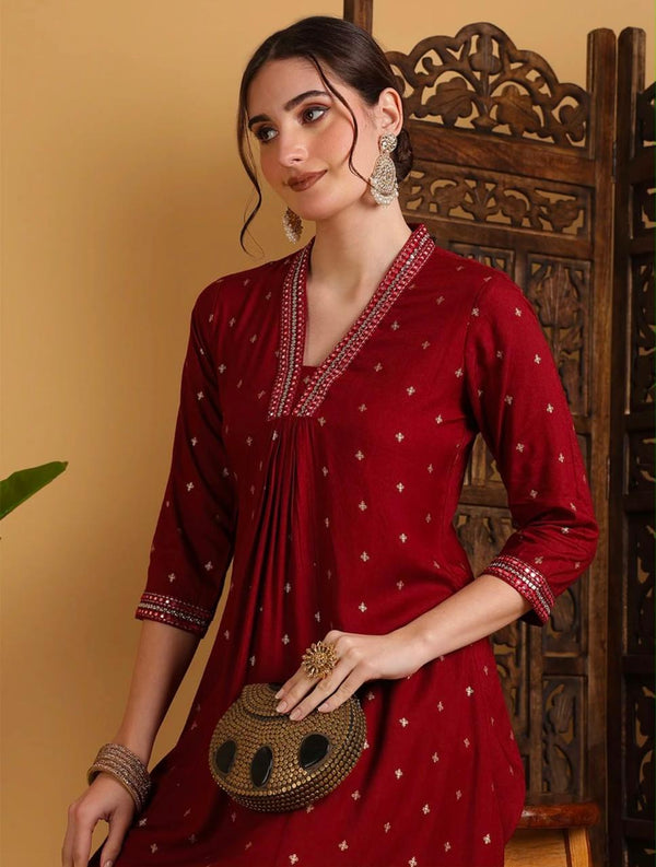 V-Neck Pleated A-Line Kurta