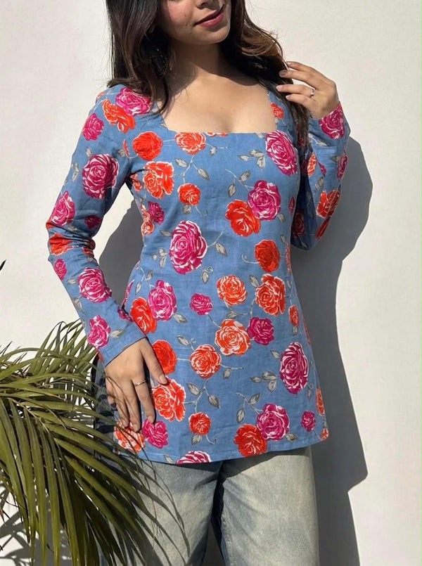 Sky Blue Floral Print Viscose Rayon Tunic Top
