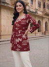 Women's Maroon Abstract Print Long Sleeve Tunic Top