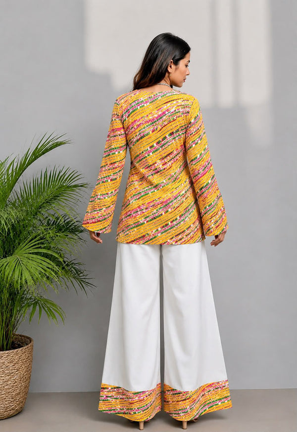 Women's Yellow Multicolour Printed Short Kurti & White Palazzo Set
