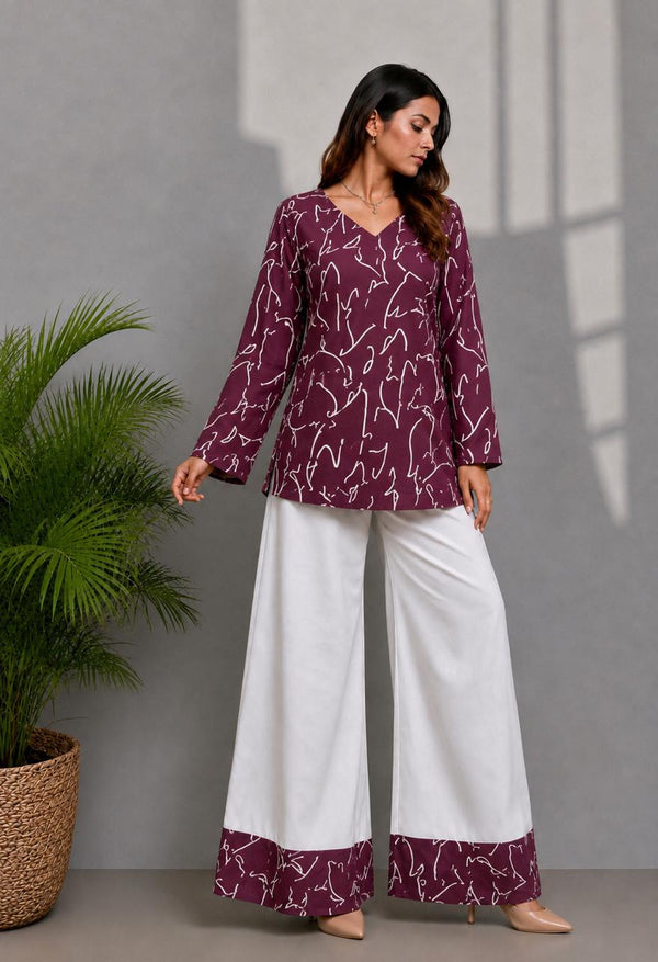 Women's Burgundy Abstract Print Kurti & White Palazzo Set
