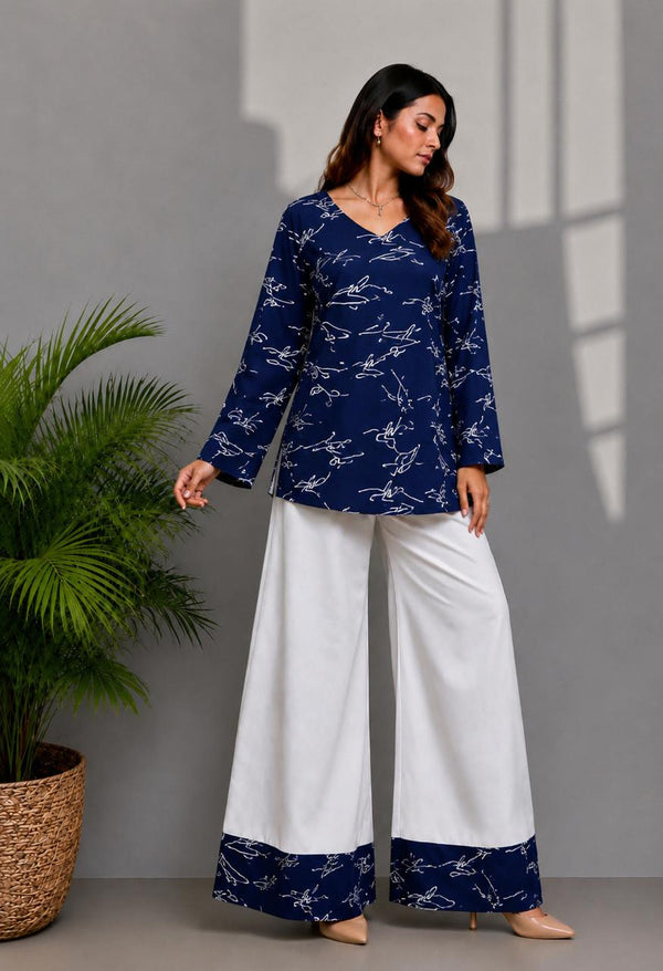 Women's Navy Abstract Print Kurti & White Palazzo Set