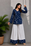 Women's Navy Abstract Print Kurti & White Palazzo Set