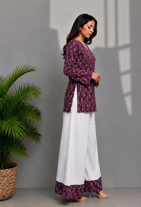 Women's Burgundy Abstract Print Kurti & White Palazzo Set