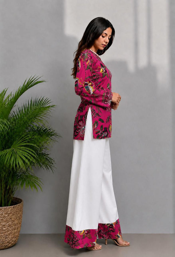 Women's Pink Floral Print Kurti & White Palazzo Set